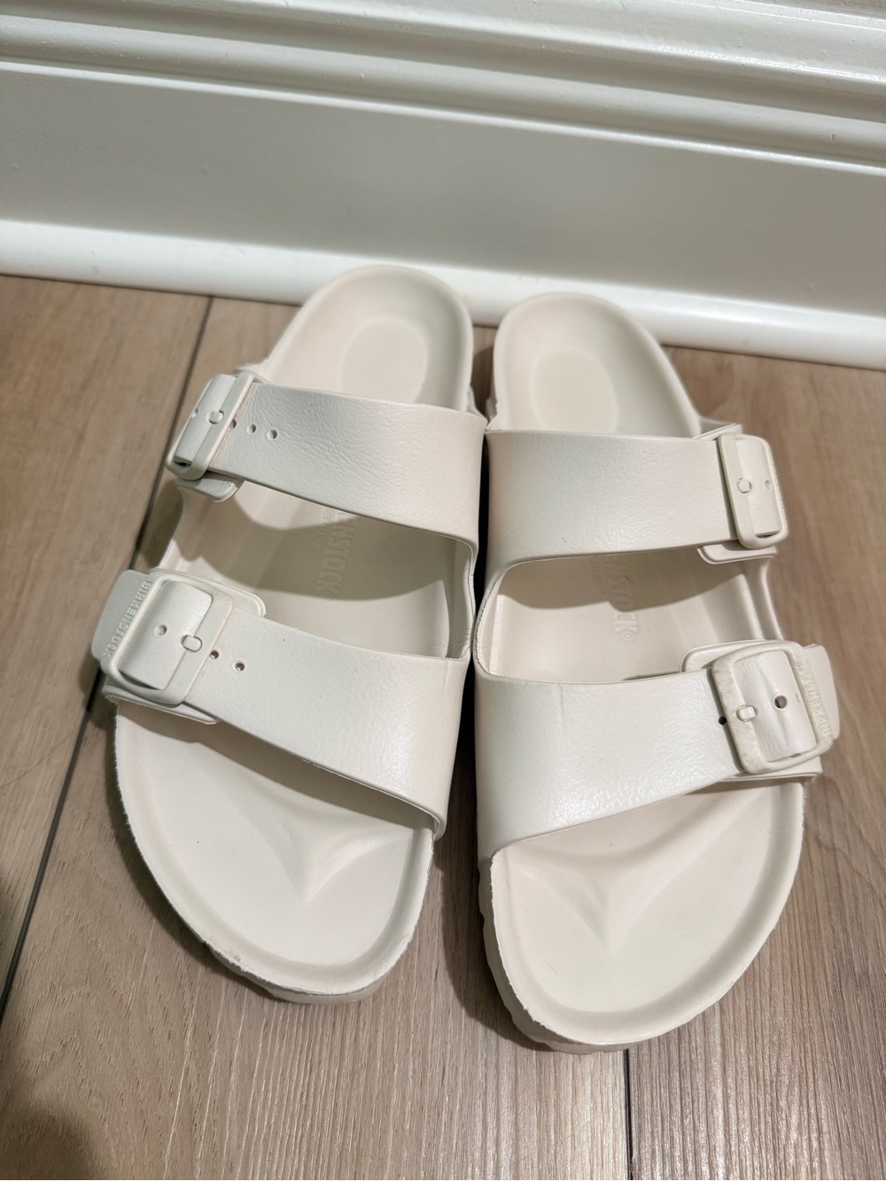 Birkenstock White Double-Buckle Slide Sandals